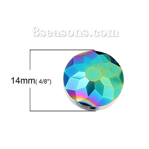 Picture of Glass Loose Beads Flat Round Multicolor AB Rainbow Color Aurora Borealis Faceted About 14mm Dia, Hole: Approx 1.4mm, 20 PCs