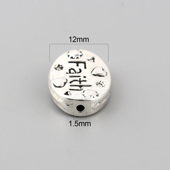 Image de Perles en Alliage de Zinc Énergie Positive Ovale Argent Vieilli Cœur Gravé Message " FAITH " 16mm x 12mm, Trou: env. 1.5mm, 30 Pcs