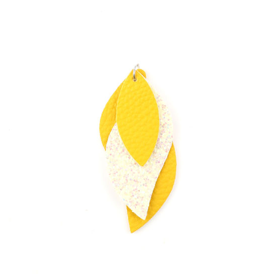 Image de Pendentifs en PU Feuille Jaune Paillettes 79mm x 35mm, 5 Pcs