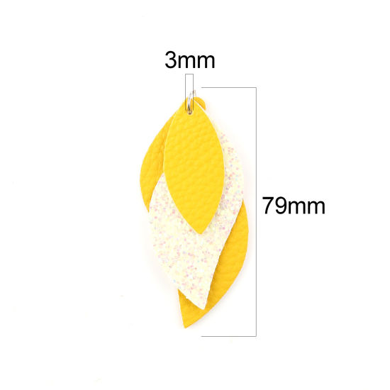 Image de Pendentifs en PU Feuille Jaune Paillettes 79mm x 35mm, 5 Pcs