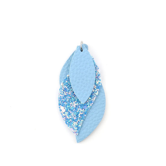 Image de Pendentifs en PU Feuille Bleu Paillettes 79mm x 35mm, 5 Pcs