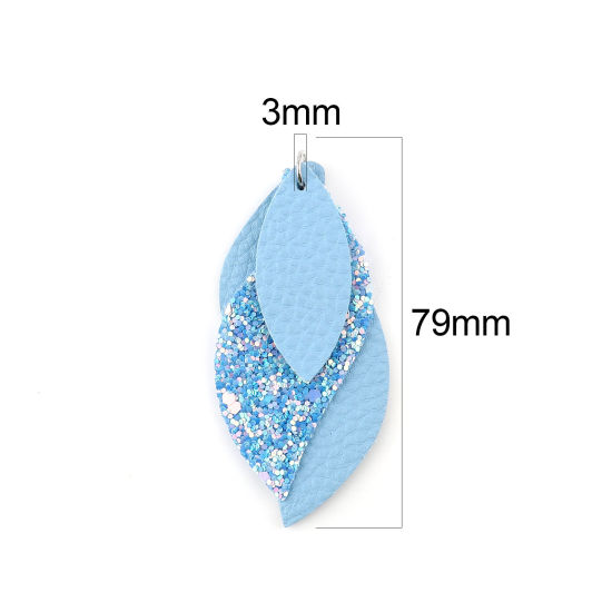 Image de Pendentifs en PU Feuille Bleu Paillettes 79mm x 35mm, 5 Pcs