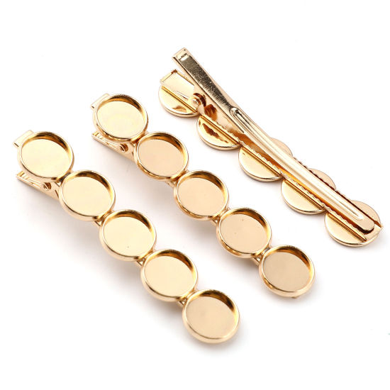 Picture of Brass & Iron Based Alloy Hair Clips Findings KC Gold Plated Round Cabochon Settings (Fits 12mm Dia.) 69mm x 14mm, 5 PCs