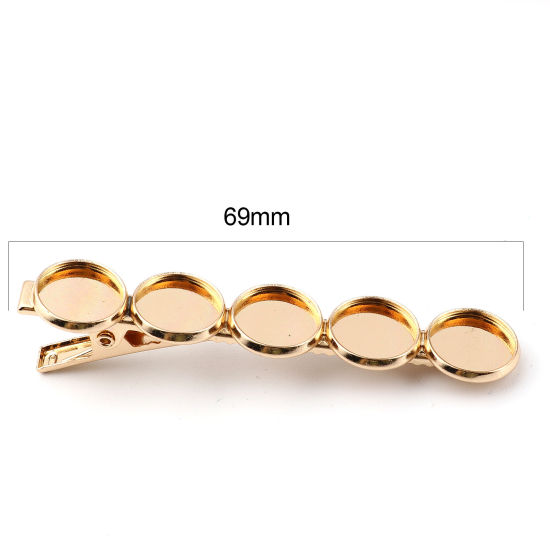 Picture of Brass & Iron Based Alloy Hair Clips Findings KC Gold Plated Round Cabochon Settings (Fits 12mm Dia.) 69mm x 14mm, 5 PCs