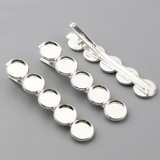 Picture of Brass & Iron Based Alloy Hair Clips Findings Silver Plated Round Cabochon Settings (Fits 12mm Dia.) 69mm x 14mm, 5 PCs