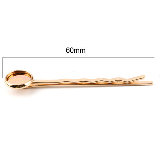 Picture of Brass & Iron Based Alloy Hair Clips Findings KC Gold Plated Round Cabochon Settings (Fits 10mm Dia.) 60mm x 12mm, 10 PCs