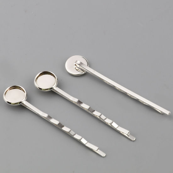 Picture of Brass & Iron Based Alloy Hair Clips Findings Silver Plated Round Cabochon Settings (Fits 10mm Dia.) 60mm x 12mm, 10 PCs