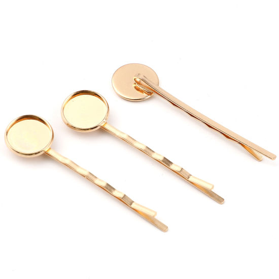 Picture of Brass & Iron Based Alloy Hair Clips Findings KC Gold Plated Round Cabochon Settings (Fits 14mm Dia.) 62mm x 16mm, 10 PCs