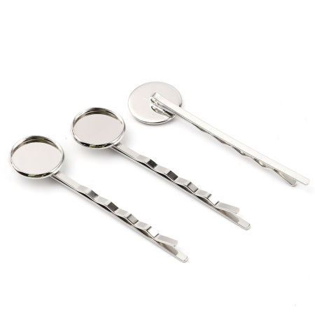 Image de Pinces à Cheveux en Laiton+Alliage de Fer Argent Mat Rond Cabochon Rapportable (Convenable à 14mm Dia) 62mm x 16mm, 10 Pcs