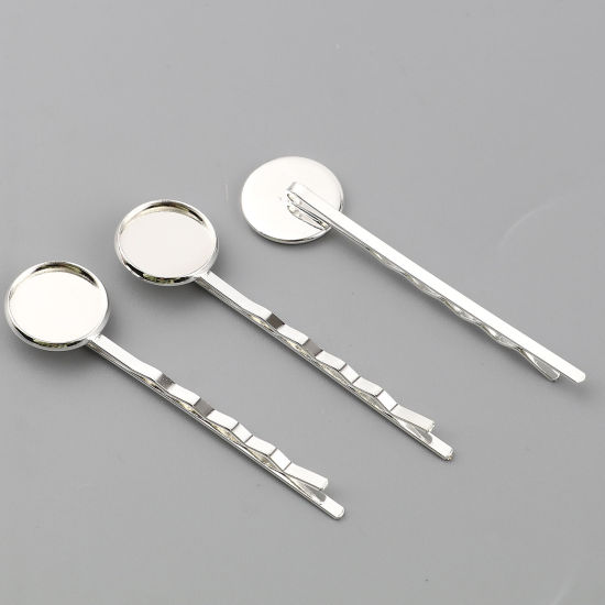 Picture of Brass & Iron Based Alloy Hair Clips Findings Silver Plated Round Cabochon Settings (Fits 14mm Dia.) 62mm x 16mm, 10 PCs