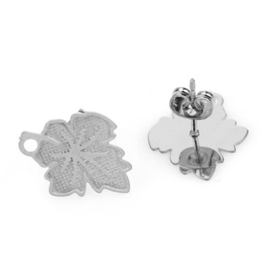 Picture of Stainless Steel Ear Post Stud Earrings Maple Leaf Silver Tone W/ Loop 18mm x 15mm, Post/ Wire Size: (21 gauge), 4 PCs