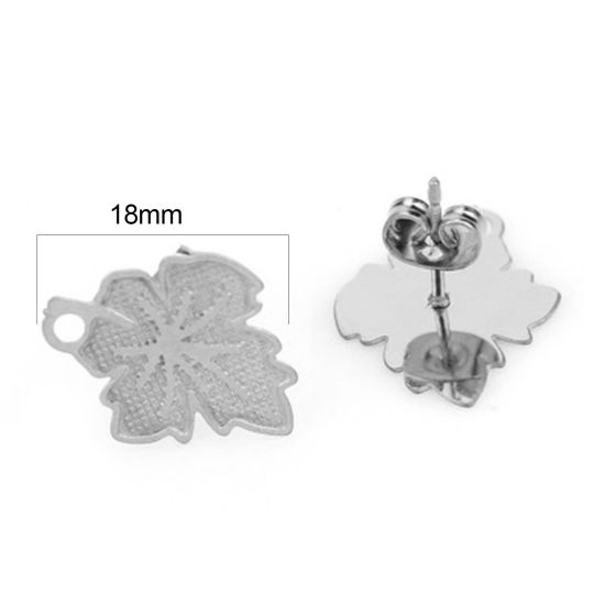 Picture of Stainless Steel Ear Post Stud Earrings Maple Leaf Silver Tone W/ Loop 18mm x 15mm, Post/ Wire Size: (21 gauge), 4 PCs