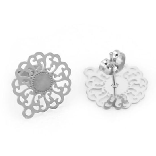 Picture of Stainless Steel Ear Post Stud Earrings Flower Silver Tone W/ Loop 16mm x 14mm, Post/ Wire Size: (21 gauge), 4 PCs