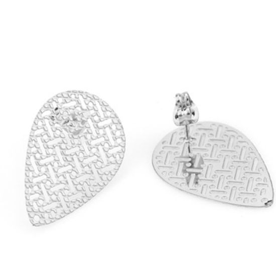Picture of Stainless Steel Ear Post Stud Earrings Drop Silver Tone Filigree W/ Loop 26mm x 17mm, Post/ Wire Size: (21 gauge), 4 PCs