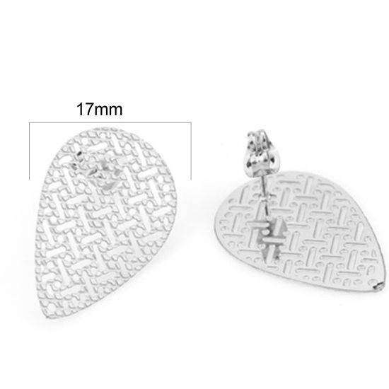 Picture of Stainless Steel Ear Post Stud Earrings Drop Silver Tone Filigree W/ Loop 26mm x 17mm, Post/ Wire Size: (21 gauge), 4 PCs