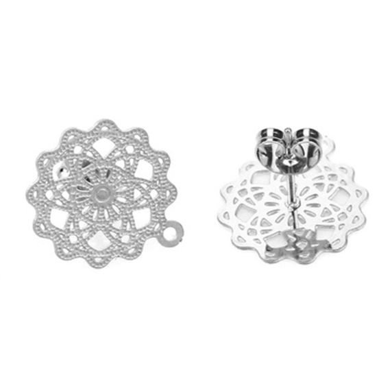 Picture of Stainless Steel Ear Post Stud Earrings Flower Silver Tone Filigree W/ Loop 17mm x 15mm, Post/ Wire Size: (21 gauge), 4 PCs