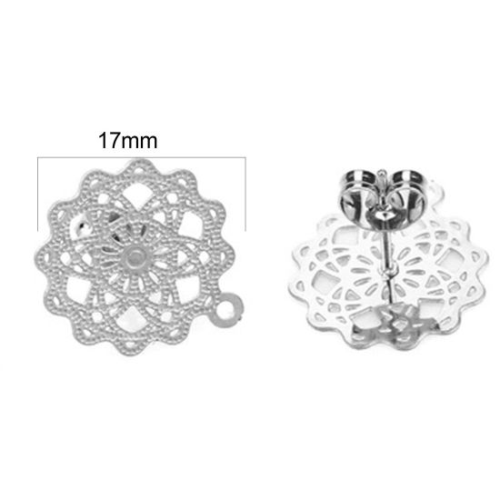 Picture of Stainless Steel Ear Post Stud Earrings Flower Silver Tone Filigree W/ Loop 17mm x 15mm, Post/ Wire Size: (21 gauge), 4 PCs
