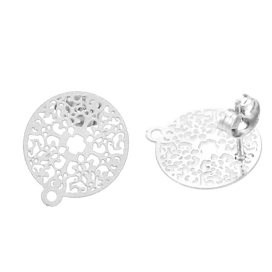 Picture of Stainless Steel Ear Post Stud Earrings Round Silver Tone Filigree W/ Loop 16mm x 14mm, Post/ Wire Size: (21 gauge), 4 PCs