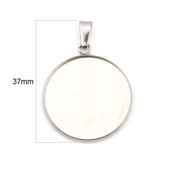 Picture of Stainless Steel Pendants Round Silver Tone Cabochon Settings (Fits 25mm Dia.) 37mm x 27mm, 5 PCs