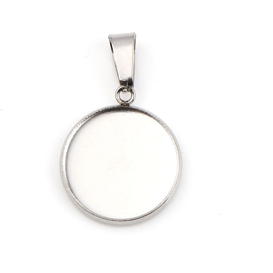 Picture of 10 PCs Stainless Steel Charm Pendant Silver Tone Round Cabochon Settings (Fits 16mm Dia.) 28mm x 18mm
