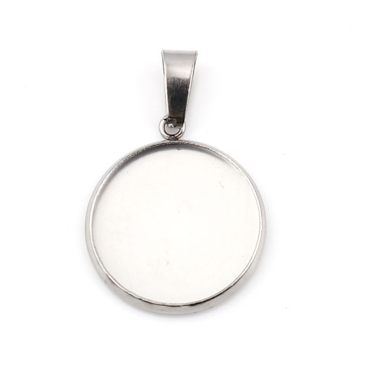 Picture of Stainless Steel Pendants Round Silver Tone Cabochon Settings (Fits 18mm Dia.) 30mm x 20mm, 10 PCs