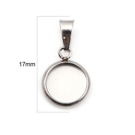 Picture of 10 PCs Stainless Steel Charm Pendant Silver Tone Round Cabochon Settings (Fits 8mm Dia.) 17mm x 10mm
