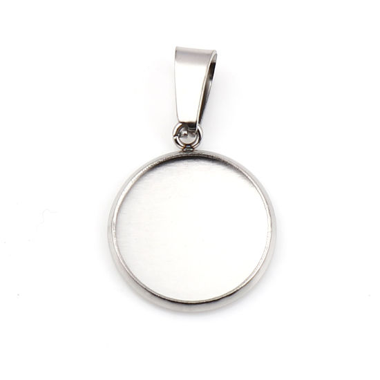 Picture of 10 PCs Stainless Steel Charm Pendant Silver Tone Round Cabochon Settings (Fits 14mm Dia.) 25mm x 16mm