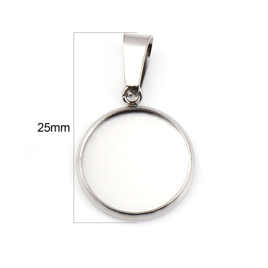 Picture of 10 PCs Stainless Steel Charm Pendant Silver Tone Round Cabochon Settings (Fits 14mm Dia.) 25mm x 16mm