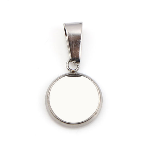 Picture of 10 PCs Stainless Steel Charm Pendant Silver Tone Round Cabochon Settings (Fits 10mm Dia.) 23mm x 12mm