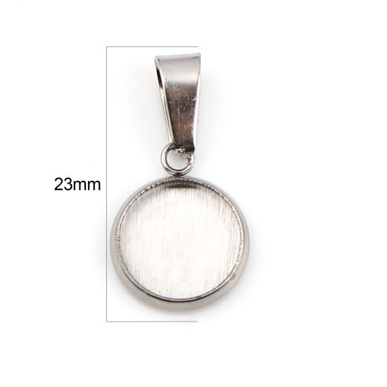 Picture of 10 PCs Stainless Steel Charm Pendant Silver Tone Round Cabochon Settings (Fits 10mm Dia.) 23mm x 12mm