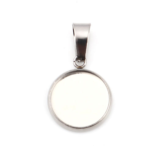 Picture of 10 PCs Stainless Steel Charm Pendant Silver Tone Round Cabochon Settings (Fits 12mm Dia.) 24mm x 14mm