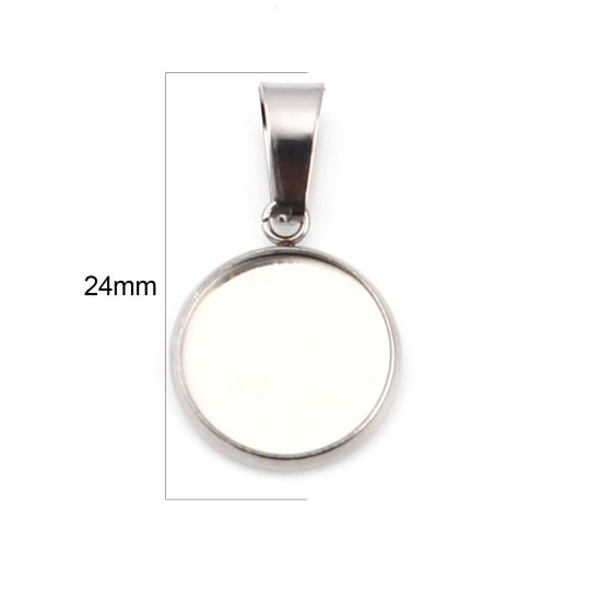 Picture of 10 PCs Stainless Steel Charm Pendant Silver Tone Round Cabochon Settings (Fits 12mm Dia.) 24mm x 14mm