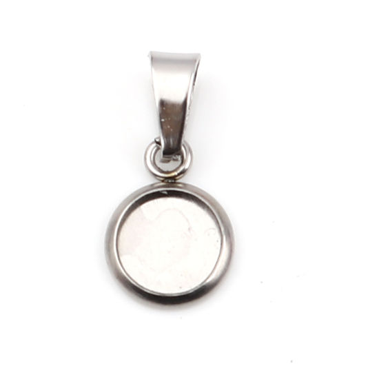 Picture of 10 PCs Stainless Steel Charm Pendant Silver Tone Round Cabochon Settings (Fits 6mm Dia.) 16mm x 8mm