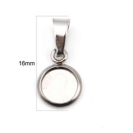 Picture of 10 PCs Stainless Steel Charm Pendant Silver Tone Round Cabochon Settings (Fits 6mm Dia.) 16mm x 8mm