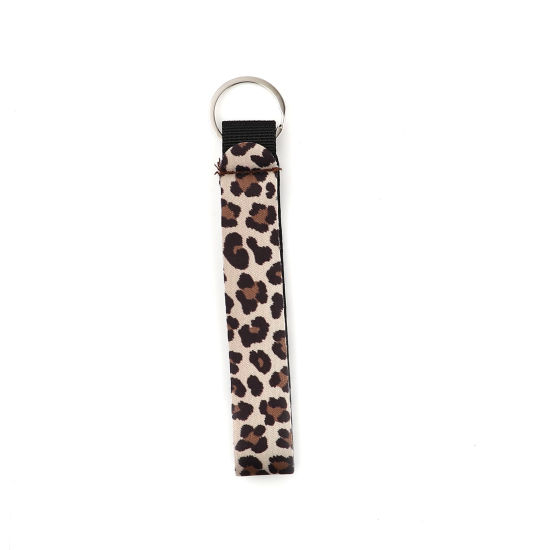 Picture of Neoprene Keychain & Keyring Silver Tone Brown & Black Rectangle Leopard Print 15.5cm, 2 PCs