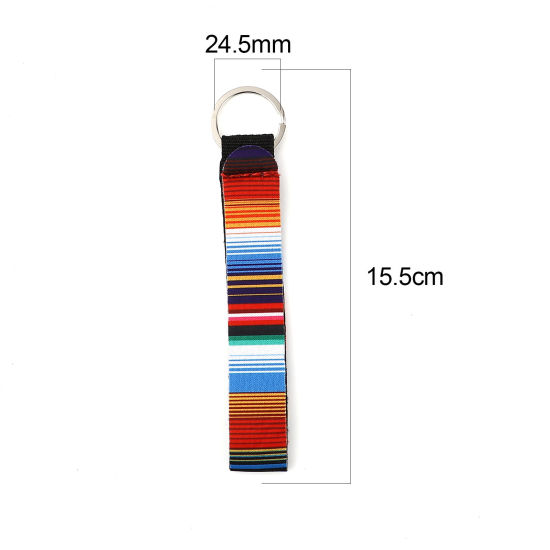Picture of Neoprene Keychain & Keyring Silver Tone Multicolor Rectangle Stripe 15.5cm, 2 PCs
