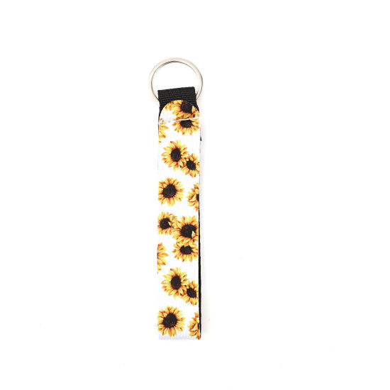 Picture of Neoprene Keychain & Keyring Silver Tone White & Yellow Rectangle Sunflower 15.5cm, 2 PCs