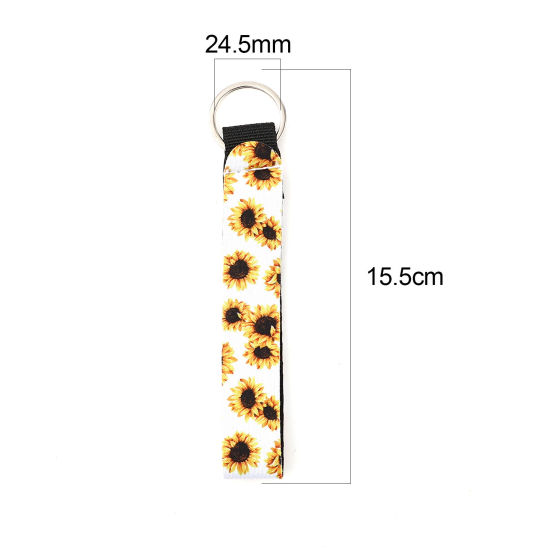 Picture of Neoprene Keychain & Keyring Silver Tone White & Yellow Rectangle Sunflower 15.5cm, 2 PCs