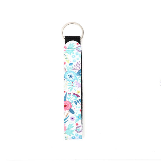 Picture of Neoprene Keychain & Keyring Silver Tone Multicolor Rectangle Flower 15.5cm, 2 PCs