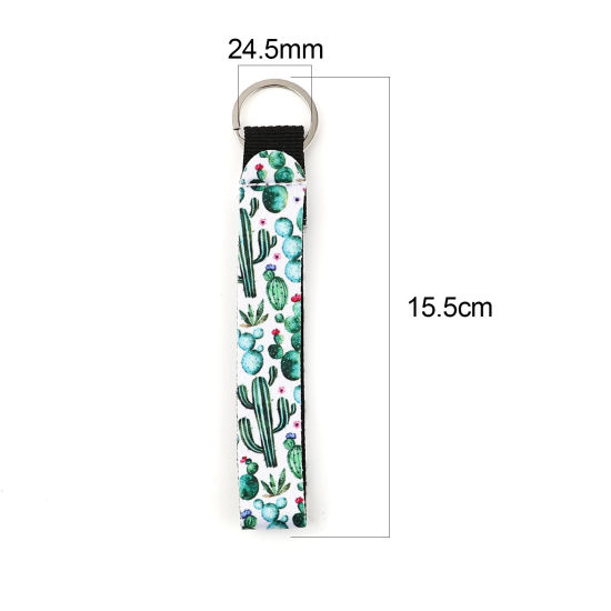 Picture of Neoprene Keychain & Keyring Silver Tone White & Green Rectangle Cactus 15.5cm, 2 PCs