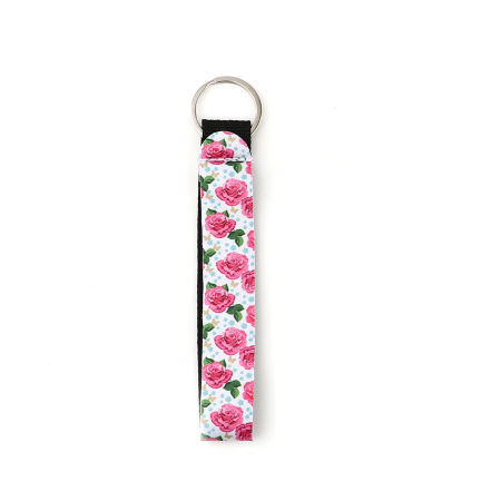 Image de Porte-Clés en Néoprène Argent Mat Rose Rectangle Fleurs 15.5cm, 2 Pcs