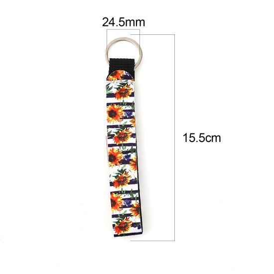 Picture of Neoprene Keychain & Keyring Silver Tone Multicolor Rectangle Sunflower 15.5cm, 2 PCs