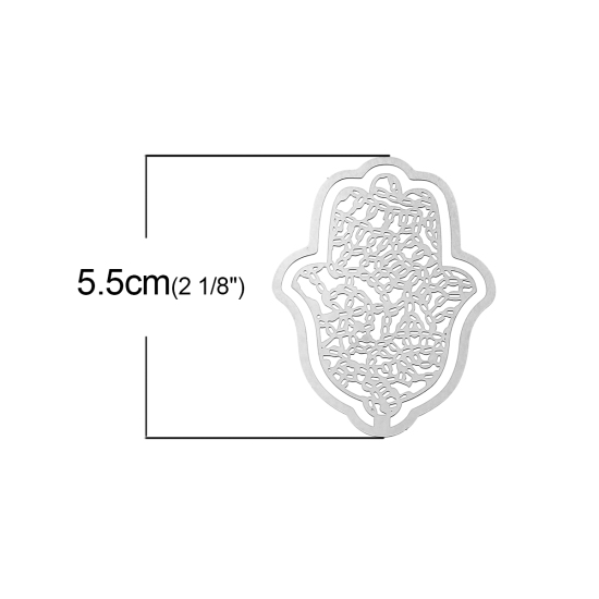 Picture of 304 Stainless Steel Filigree Stamping Embellishments Findings, Hamsa Symbol Hand Silver Tone, Hollow Carved 55mm(2 1/8") x 40mm(1 5/8"), 10 PCs