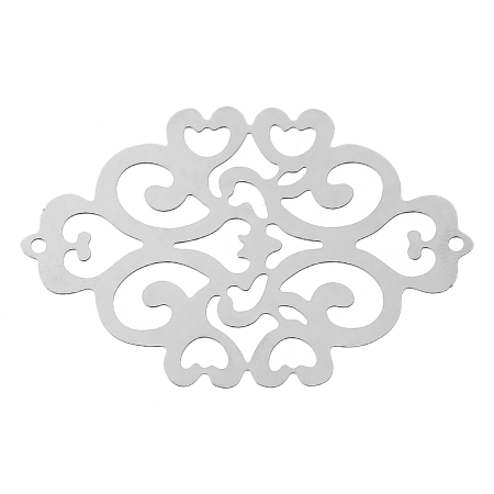 Bild von 304 Edelstahl Filigran Stempel Verbinder Raute Silberfarben mit Herz Muster, Stampel, 49mm x 33mm, 1 Stück