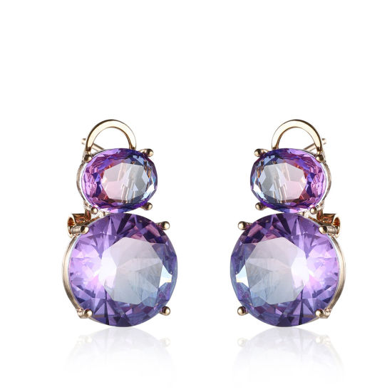 Image de Boucles d'Oreilles en Laiton & Cristal Doré Bleu Violet Rond 30mm x 14mm , 1 Paire                                                                                                                                                                            