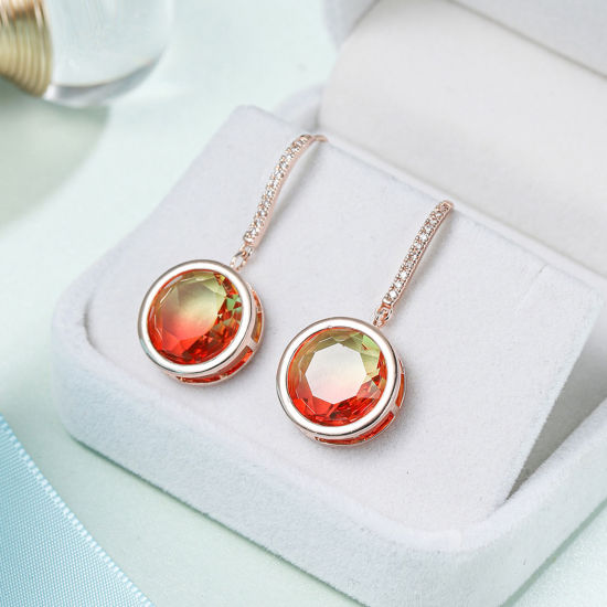 Picture of Brass & Crystal Earrings Rose Gold Reddish Orange Round 35mm x 15mm, 1 Pair                                                                                                                                                                                   