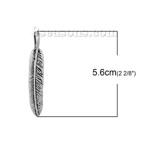 Immagine di Lega di Zinco Charm Ciondoli Piuma Argento Antico 56mm x 10mm , 20 Pz