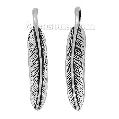 Immagine di Lega di Zinco Charm Ciondoli Piuma Argento Antico 56mm x 10mm , 20 Pz