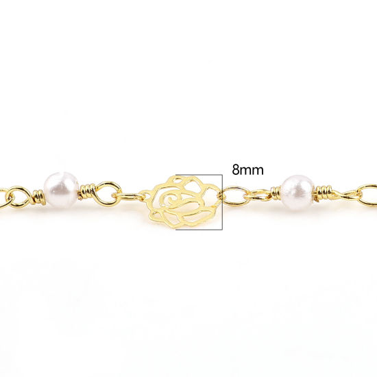 Picture of Brass & Acrylic Imitation Pearl Link Chain Findings Round Flower Gold Plated White 8mm, 1 M                                                                                                                                                                   