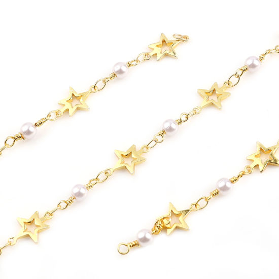 Picture of Brass & Acrylic Imitation Pearl Link Chain Findings Round Pentagram Star Gold Plated White 8mm, 1 M                                                                                                                                                           